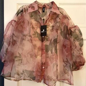 Floral sheer blouse, button front with gathered sleeves